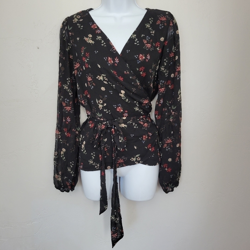 Sanctuary Women's Large Black Floral Long Sleeve Wrap Blouse Top Shirt V-neck